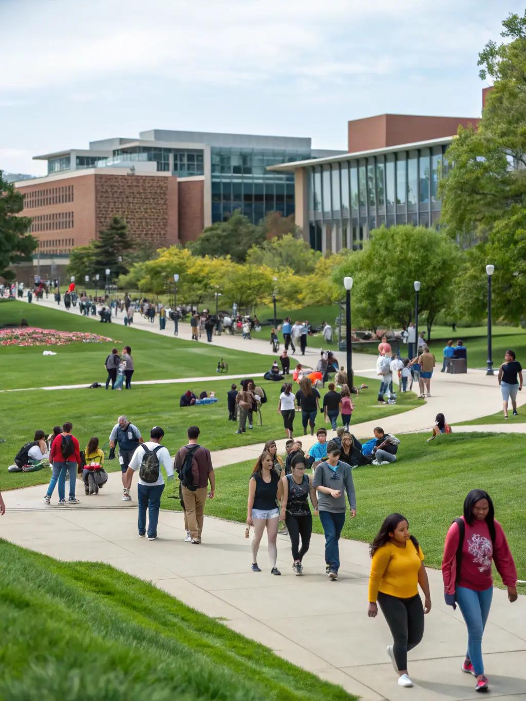 A group of students with backpacks, standing in front of a university campus, representing student visas.