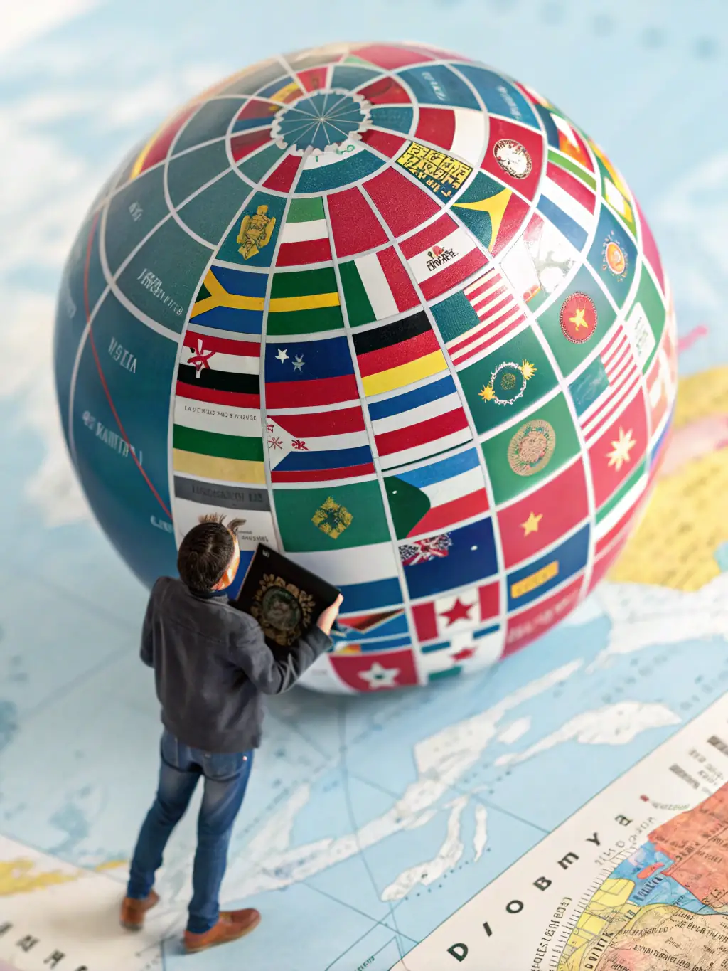 A digital illustration of a passport with various country stamps, symbolizing global travel and visa approvals.