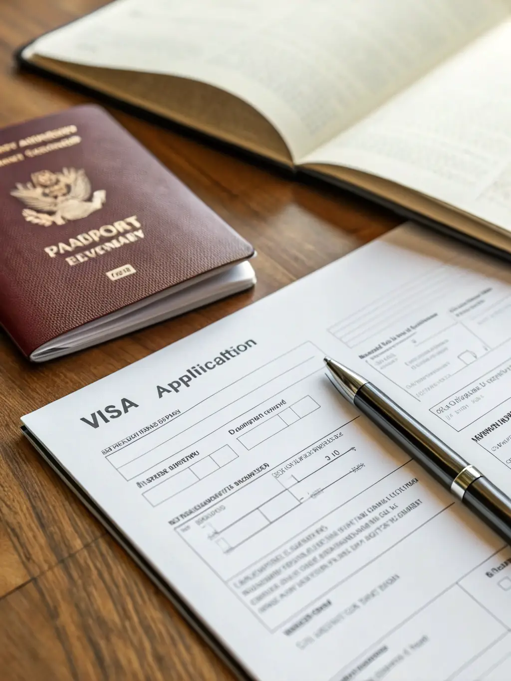 A close-up shot of various essential travel documents, including a passport, visa application form, and supporting letters.